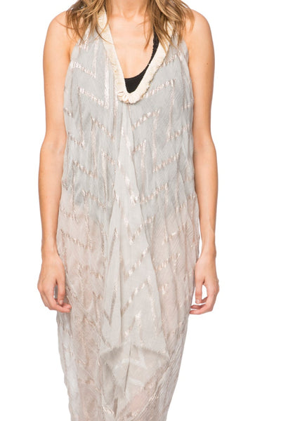 Pool to Party Sun Dress One Size / Taupe / Sheer Poly Shimmer Zig Zag Fringe Halter Dress