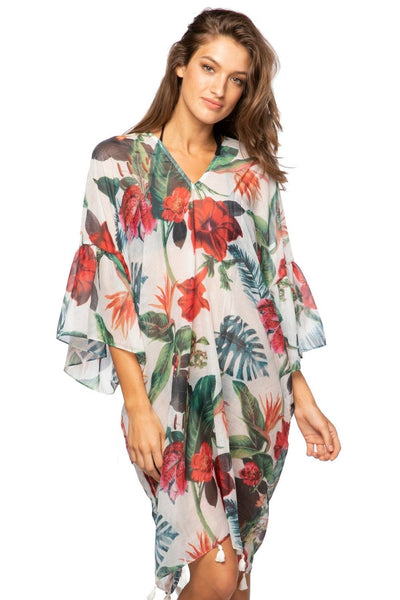 Pool to Party Sun Dress One Size / White / 100% Polyester Hibiscus Garden Digital Print | Bell Kaftan