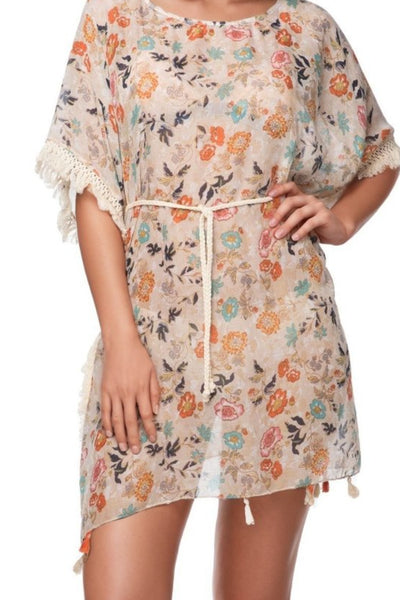 Pool to Party Sundress One Size / Ivory Boho Beach Sundress Coverup in Antique Bloom Print