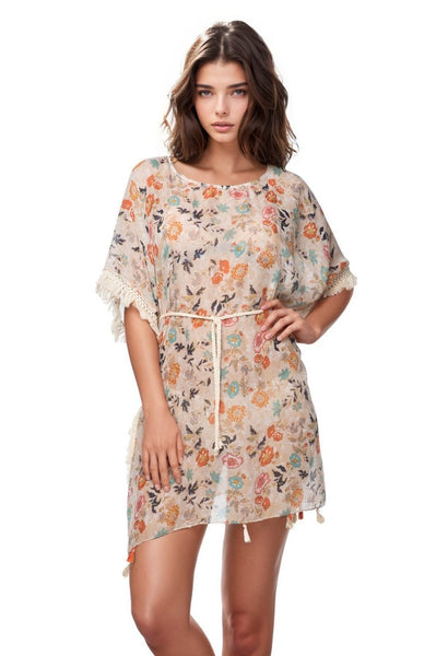 Pool to Party Sundress One Size / Ivory Boho Beach Sundress Coverup in Antique Bloom Print