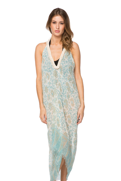 Pool to Party Sundress One Size / Mint / 100% Polyester Fringe Halter Coverup in Ivy Relic Print