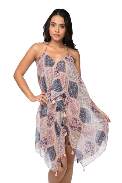 Pool to Party Sundress One Size / Multi / 100% Poly Maxi Tassel Coverup Sun Dress in Lattice Garden Print