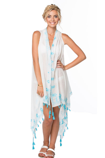 Pool to Party Vest Long Draped Vest in Floral Loops Embroidery / One Size / Sky Blue Long Draped Vest in Floral Loops Embroidery