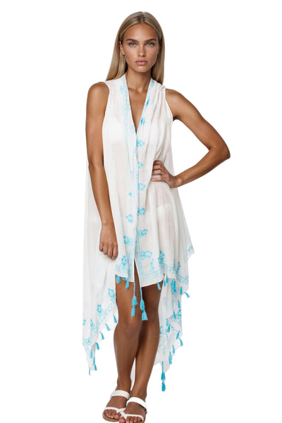 Pool to Party Vest Long Draped Vest in Floral Loops Embroidery / One Size / Sky Blue Long Draped Vest in Floral Loops Embroidery