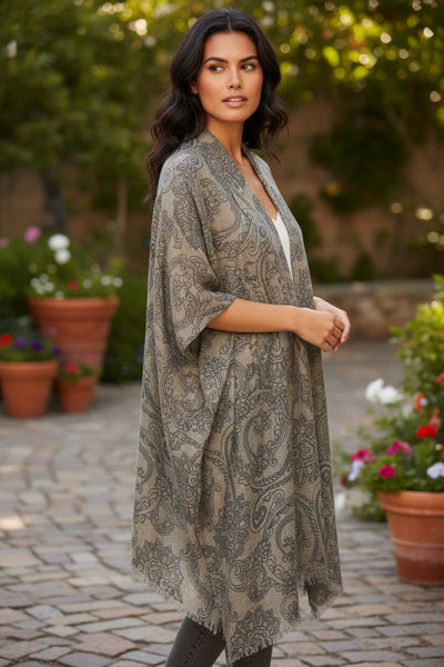 Extra Fine Wool Soft and Cozy Antique Design Print Kimono