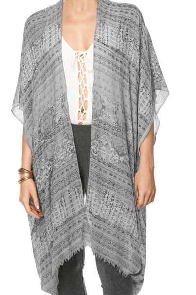 Spun Luxury Poncho L1A World Traveler Grey / One Size Extra Fine Wool Silk Kimono in Muted Prints