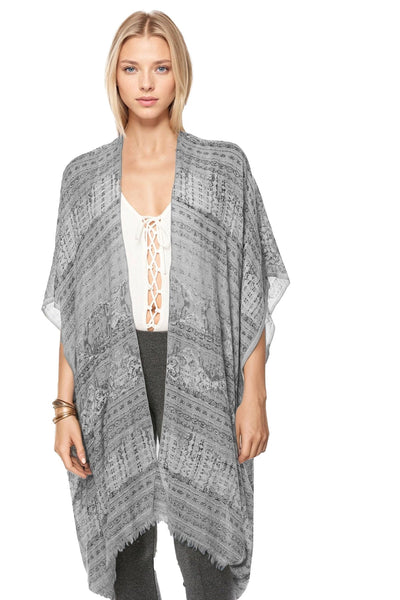 Spun Luxury Poncho L1A World Traveler Grey / One Size Extra Fine Wool Silk Kimono in Muted Prints