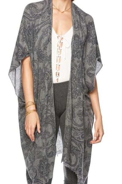 Spun Luxury Poncho L7A Orchid Scroll - Grey / One Size Extra Fine Wool Silk Kimono in Muted Prints