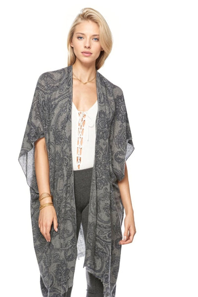 Spun Luxury Poncho L7A Orchid Scroll - Grey / One Size Extra Fine Wool Silk Kimono in Muted Prints