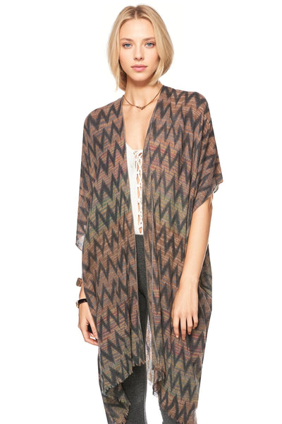 Spun Luxury Poncho L8A Zig Zag - Beige / One Size Extra Fine Wool Silk Kimono in Muted Prints