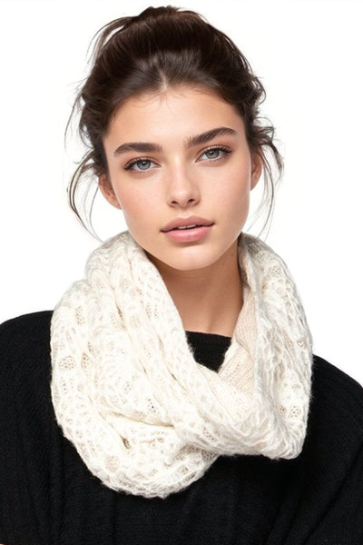 Spun Scarves Knit Scarf 2-Tone Lace Crochet Infinity Scarf / Cream-White 2-Tone Lace Hand Knit Crochet Infinity Scarf