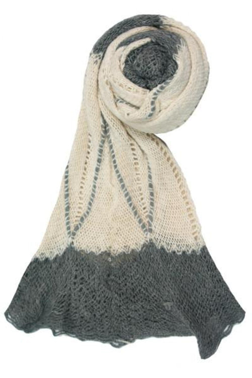 Spun Scarves Knit Scarf Hand Knit Convertible Scarf with Scalloped Edge / Cream/Grey Hand Knit Convertible Scarf with Scalloped Edge in Cream-Grey