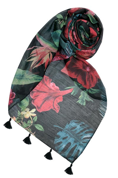 Spun Scarves Luxury Scarf Hibiscus Garden Scarf / Black Hibiscus Garden Scarf