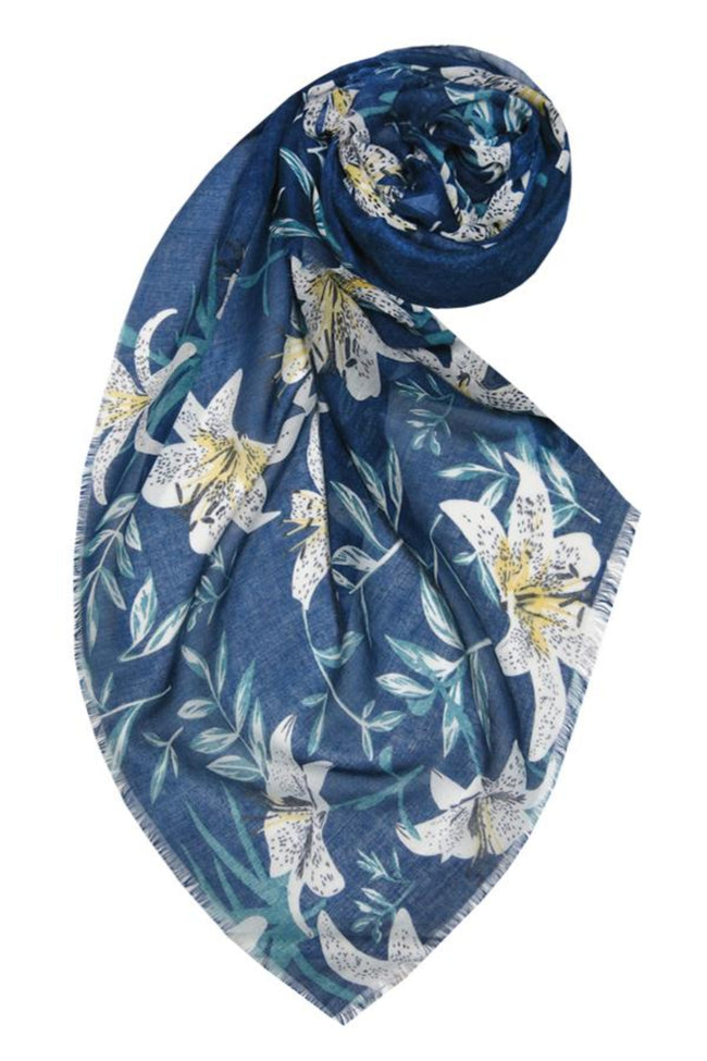 Spun Scarves Scarf Lovely Lily / Navy Lovely Lily Print Coverup Wrap in Navy