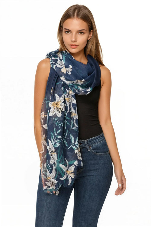 Spun Scarves Scarf Lovely Lily / Navy Lovely Lily Print Coverup Wrap in Navy