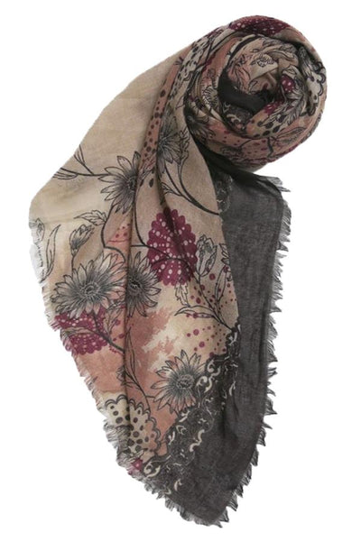 Spun Scarves Scarf Mauve / Antique Floral Fringe Edge Scarf Wrap in Antique Floral Print