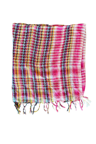 Spun Scarves Scarf Plaid Dreams / Fus-Wht Picnic Plaid Fringe Square Unisex Cotton Scarf