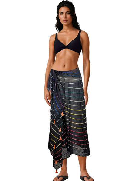 Spun Scarves Scarf Rainbow Magic / Black Rainbow Magic Black Multi Color Stripe Scarf Wrap Sarong