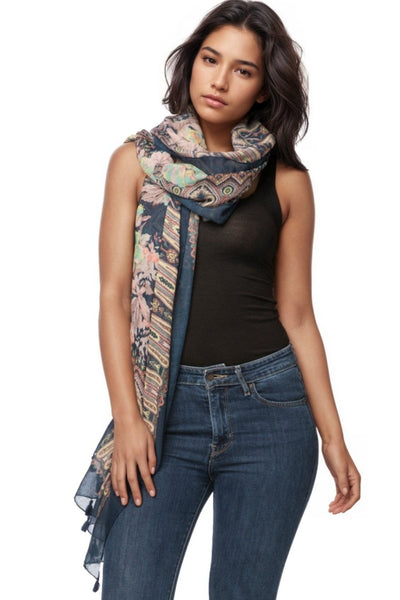 Spun Scarves Scarf Rio Blooms / Navy Rio Blooms Print Coverup Wrap in Navy