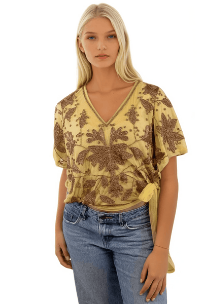 Subtle Luxury Almost Vintage Top Almost Vintage Beaded Mesh Tunic Top / S/M / Gold-Bronze Almost Vintage Hand Beaded Mesh Side Tie Top