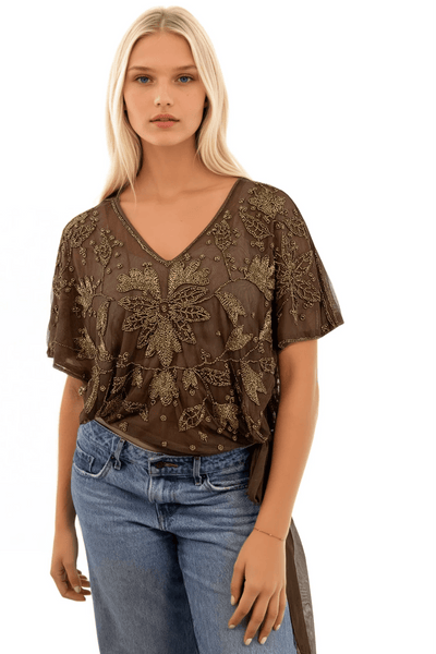Subtle Luxury Almost Vintage Top Almost Vintage Beaded Mesh Tunic Top / XS/S / Coco Brown-Gold Almost Vintage Hand Beaded Mesh Side Tie Top