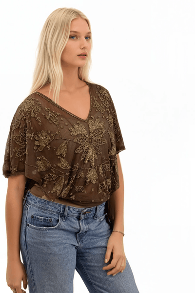 Subtle Luxury Almost Vintage Top Almost Vintage Hand Beaded Mesh Side Tie Top