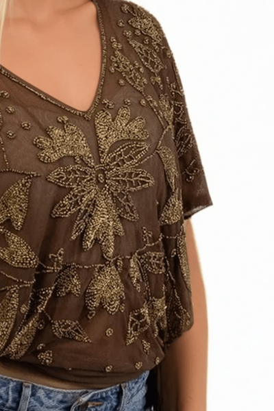 Subtle Luxury Almost Vintage Top Almost Vintage Hand Beaded Mesh Side Tie Top