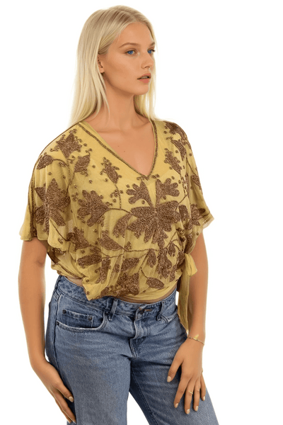 Subtle Luxury Almost Vintage Top Almost Vintage Hand Beaded Mesh Side Tie Top