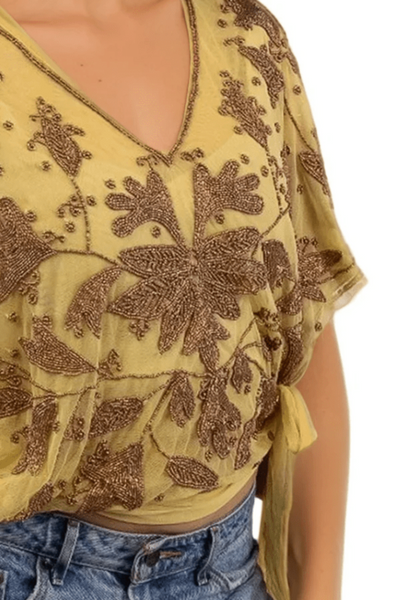 Subtle Luxury Almost Vintage Top Almost Vintage Hand Beaded Mesh Side Tie Top