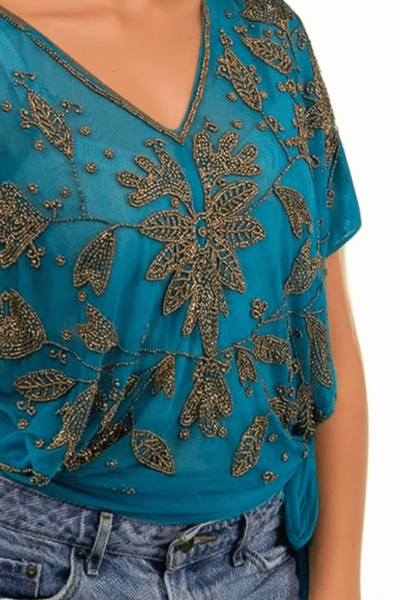 Subtle Luxury Almost Vintage Top Almost Vintage Hand Beaded Mesh Side Tie Top