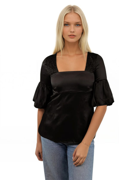 Subtle Luxury Almost Vintage Top Almost Vintage Smocked Square Neck Top / S / Black Almost Vintage Smocked Square Neck Silk Satin Top