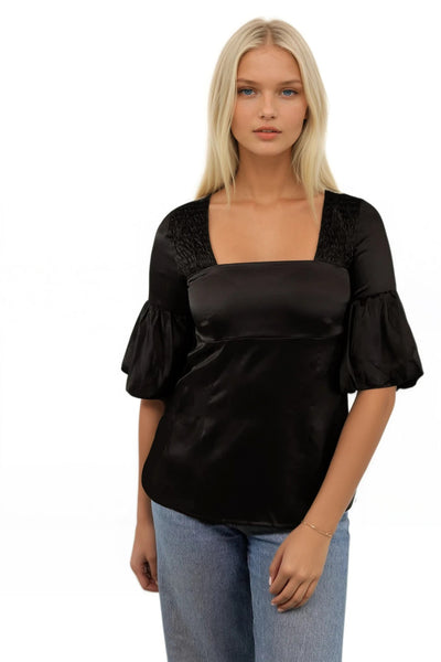Subtle Luxury Almost Vintage Top Almost Vintage Smocked Square Neck Top / S / Black Almost Vintage Smocked Square Neck Silk Satin Top