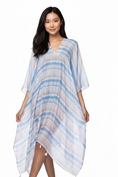 Subtle Luxury beach waves print V-neck coverup sundress in blue and peach stripes with side slits and tassel details.