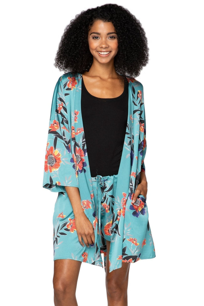 Subtle Luxury Cardigan L/XL / Teal / 100% Polyester Bed to Brunch Roxy Robe in Summer Bloom