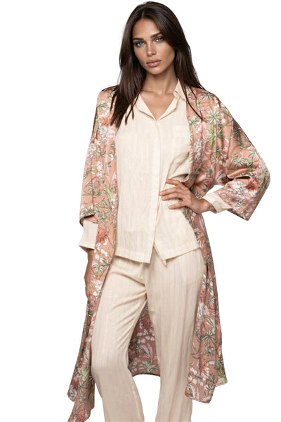 Subtle Luxury Cardigan P3- Fade to Pink Mauve / S/M / 100% Poly Crepe - Mid Weight Bed to Brunch Kimono Coverup Robe in Peony Pink Petals
