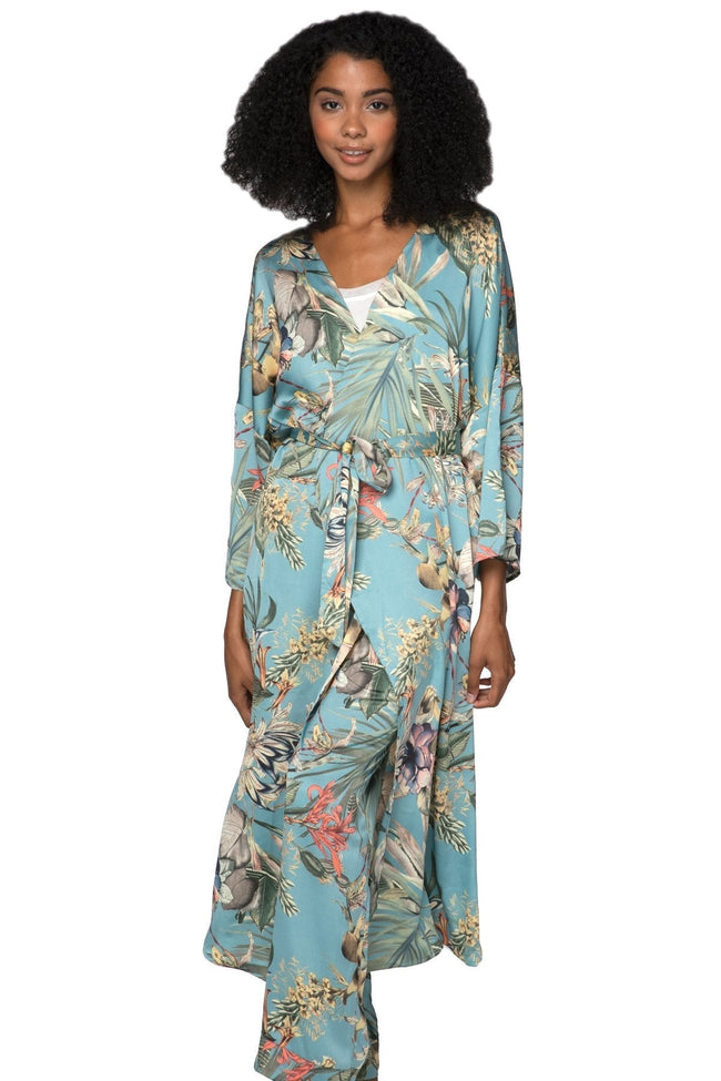 Subtle Luxury Cardigan S/M / Blue / 100% Mid-Weight Poly Bed to Brunch Robe Kimono in Tropical Escape Print