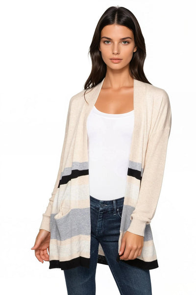 Subtle Luxury Cardigan S/M / Oats Combo / Zen Blend Kylie Sweater Knit Open Cardigan in Oats Black Grey Stripe Pattern