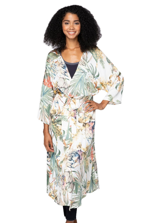 Subtle Luxury Cardigan S/M / White / 100% Mid-Weight Poly Bed to Brunch Robe Kimono in Tropical Escape Print
