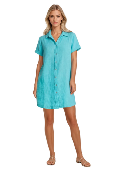Subtle Luxury Dress Double Gauze Cotton Washed Solid Short Button Up Dress