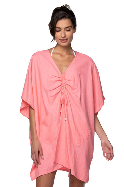Subtle Luxury Dress O/S / Watermelon / 55% Linen / 45% Cotton Caroline Kaftan Ruching Sundress Coverup