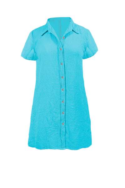 Subtle Luxury Dress XS/S / Aquamarine / 100% Cotton Double Gauze Double Gauze Cotton Washed Solid Short Button Up Dress