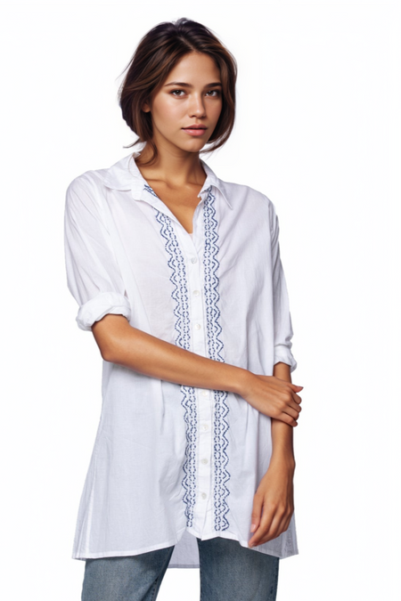 Button Up Front Lace Shirt - Pigment Dye in Sky