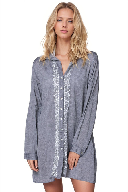Fringe Tassel Embroidery Dress in Solid Cotton Chambray