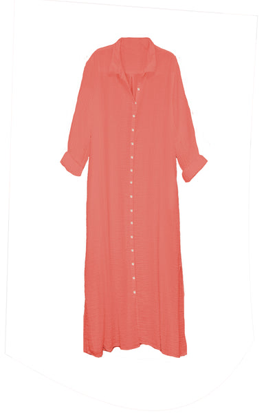 Subtle Luxury Dress XS/S / Coral / 100% Cotton Double Gauze Getaway Double Gauze Cotton Maxi Button Dress - Solid