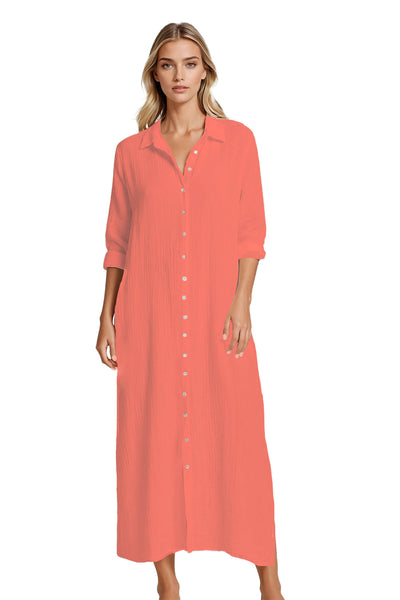 Subtle Luxury Dress XS/S / Coral / 100% Cotton Double Gauze Getaway Double Gauze Cotton Maxi Button Dress - Solid