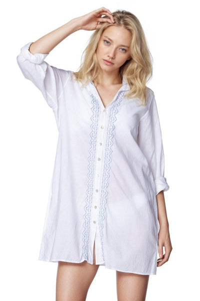 Subtle Luxury Dress XS/S / River / 100% Cotton Lawn Ziggy Button Down Embroidery Shirt Dress in Washed Cotton