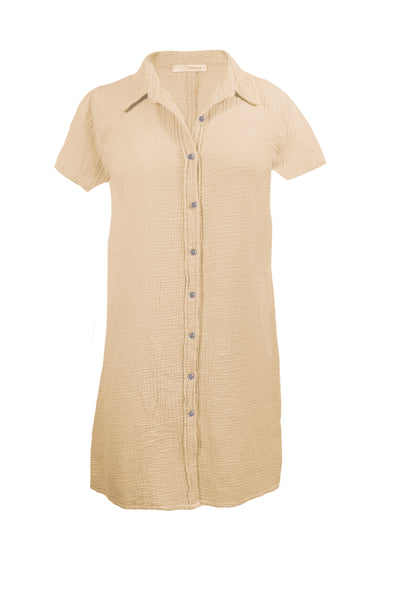 Subtle Luxury Dress XS/S / Sand / 100% Cotton Double Gauze Double Gauze Cotton Washed Solid Short Button Up Dress