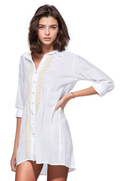 Subtle Luxury Dress XS/S / Sand / 100% Cotton Lawn Ziggy Button Down Embroidery Shirt Dress in Washed Cotton