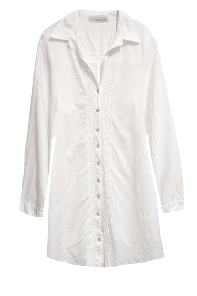Subtle Luxury Dress XS/S / White / 100% Cotton Lawn Ziggy Button Down Embroidery Shirt Dress in Washed Cotton