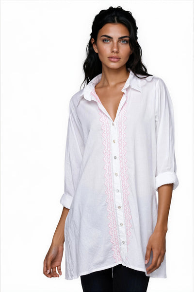 Subtle Luxury Dress Ziggy Button Down Embroidery Shirt Dress in Washed 100% Cotton